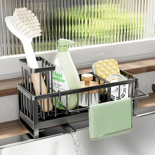 SWTYMIKI Sponge Holder for Kitchen Sink - Sink Caddy with Brush Holder Self-draining Sponge Caddy Organizer with Divider Stainless Steel Kitchen Accessories Storage for Countertop, Black