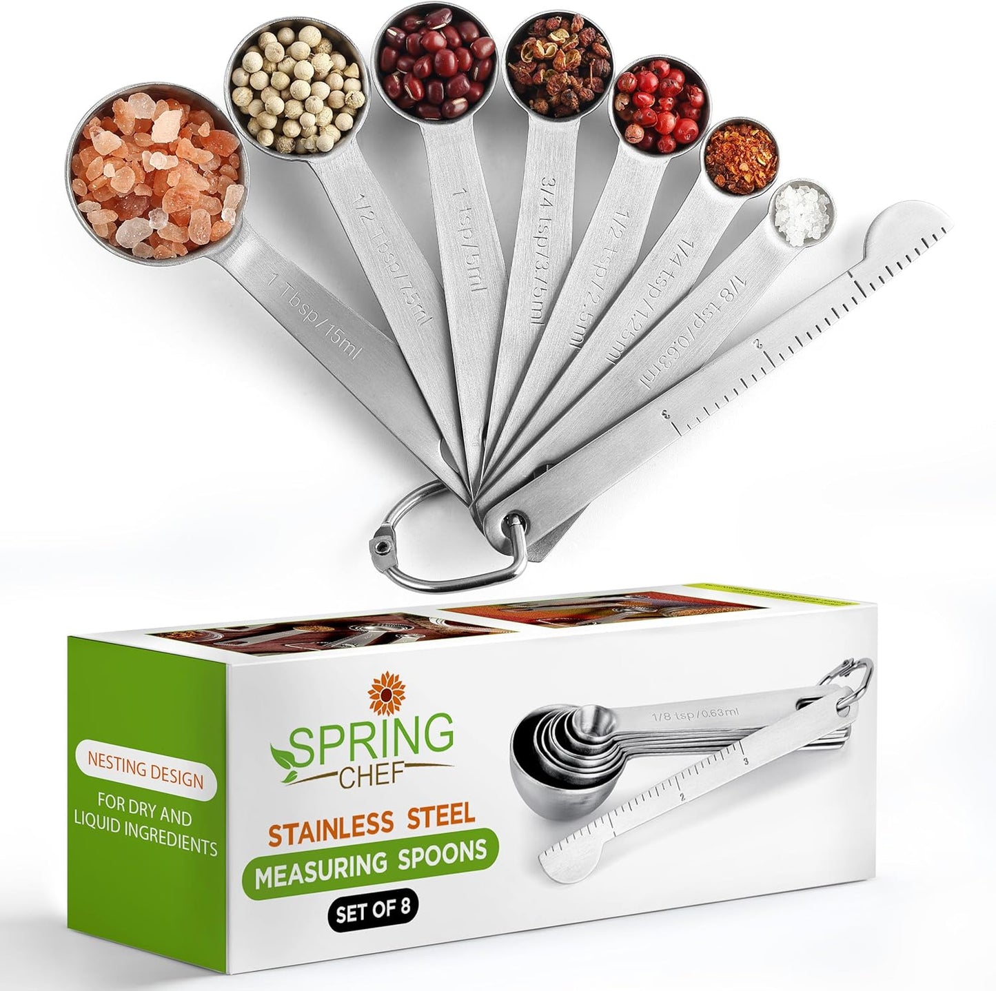 Spring Chef Stainless Steel Measuring Spoons Set of 8 with Leveler, Round Metal Teaspoon & Tablespoon Measuring Spoons - Nesting Kitchen Gadgets For Baking & Cooking, Dry & Liquid Ingredients