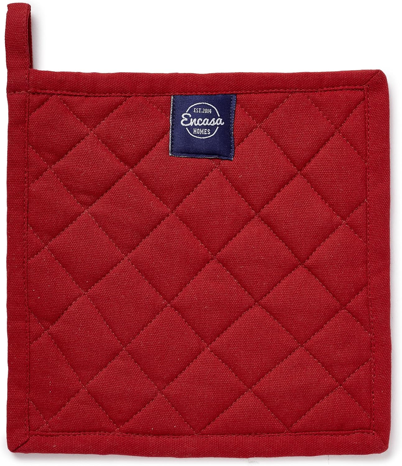 Encasa XO Heat Resistant Cotton Pot Holders with Hanging Loop - Set of 2 - Red - Multipurpose Quilted Everyday Hot Pad for Kitchen, Camping, BBQ & Microwave - 8x8 in