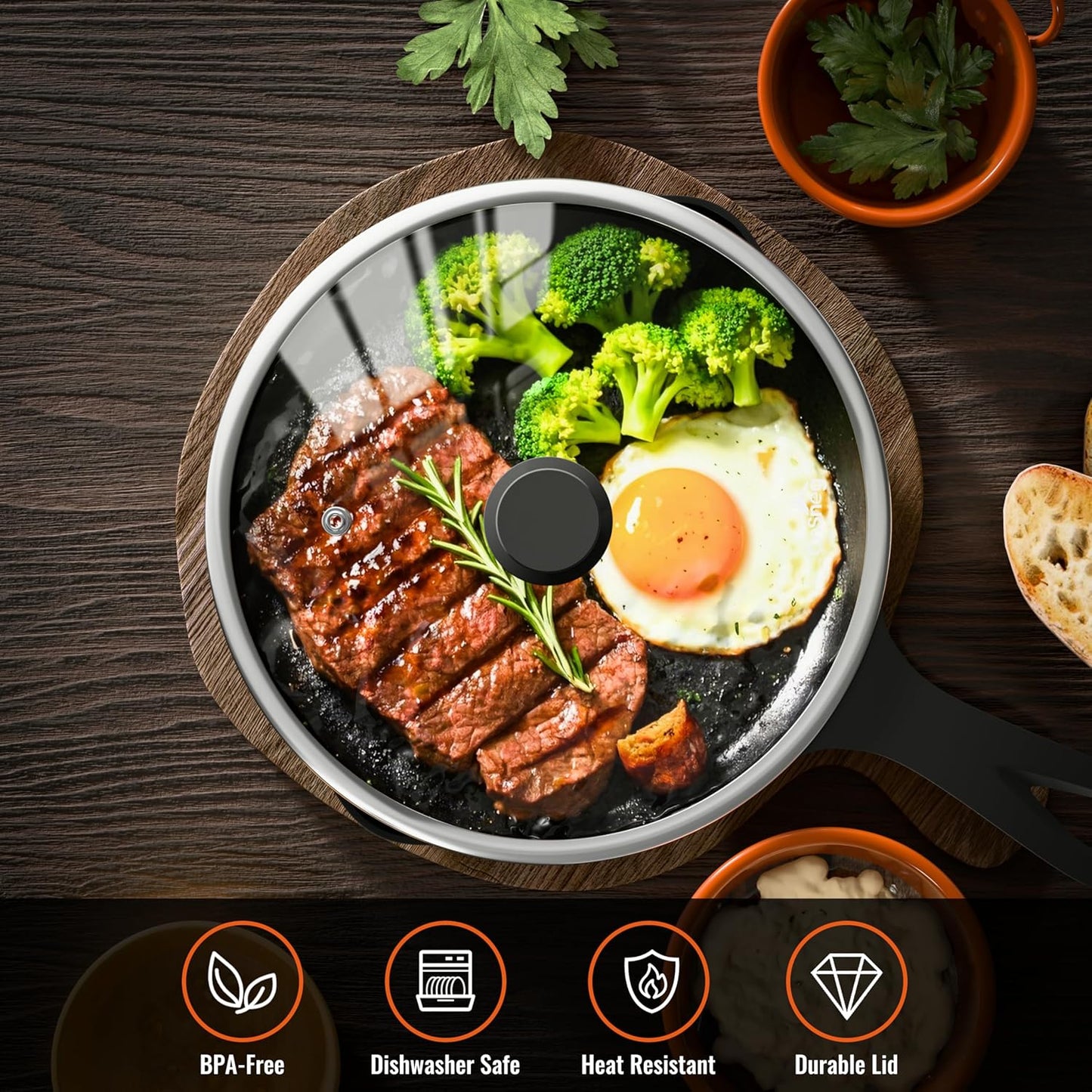 8 Inch Pan Lid For Pots Pans and Skillets, Cast Iron Skillet Lid, Tempered Glass Pan Lids, Replacement Pan Cover for Frying, Wok, Crock Pot Lid with Wide Stainless Steel Rim, Cooking Pot Covers