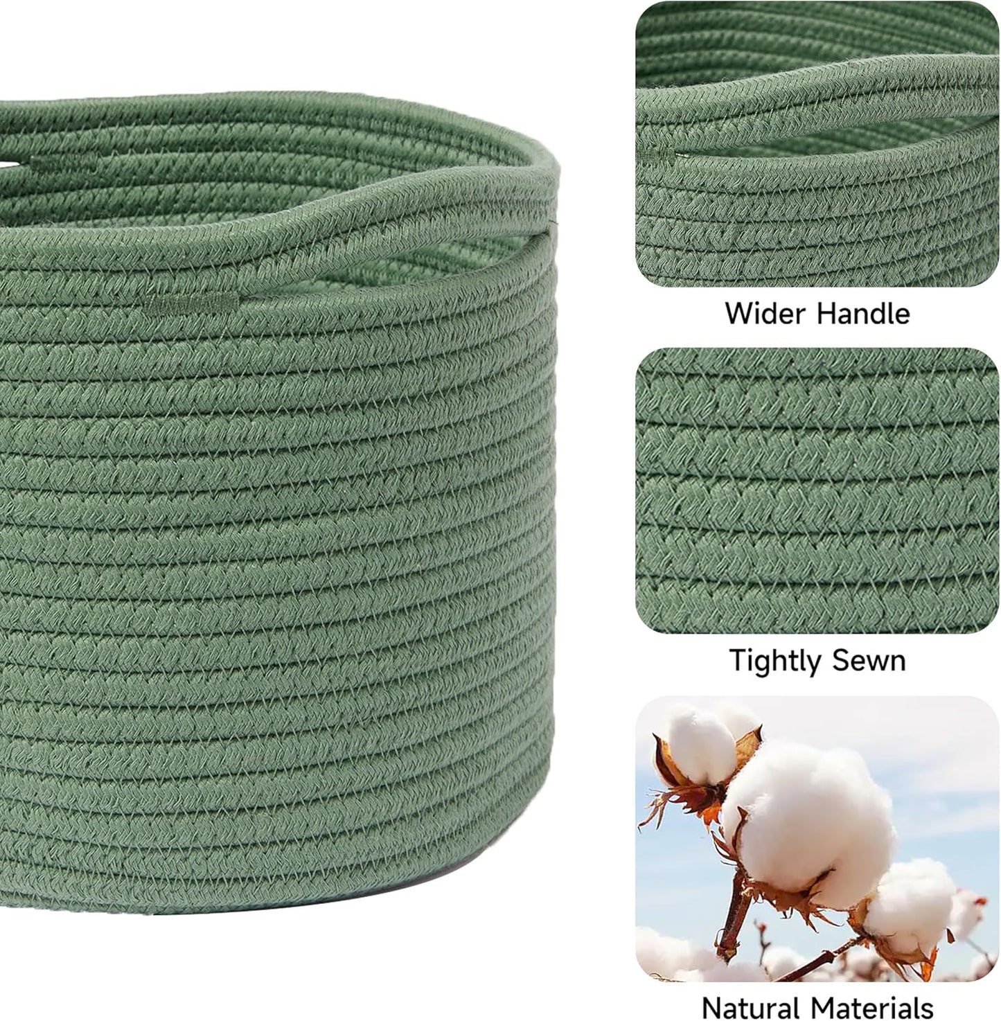 Small Basket for Organizing | Cube Shelf Closet Storage Baskets | 9.7×9.7×7.1” | Woven Rope Gift Basket | Nursery | Round 3 Packs Green