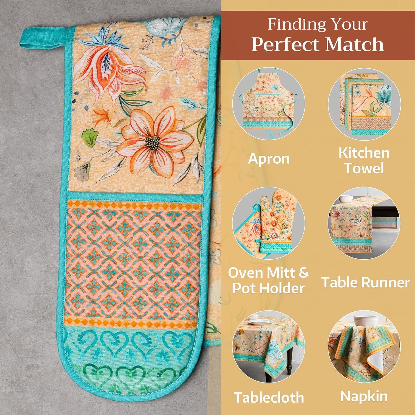 Maison d' Hermine Double Oven Mitts 100% Cotton 7"x35" Double Oven Mitt Heat Resistant BBQ Cooking Gloves with Loop, Baking, Grilling, Kitchen, Handling Hot Pans Spring Summer (Luxury Loft – Peach)