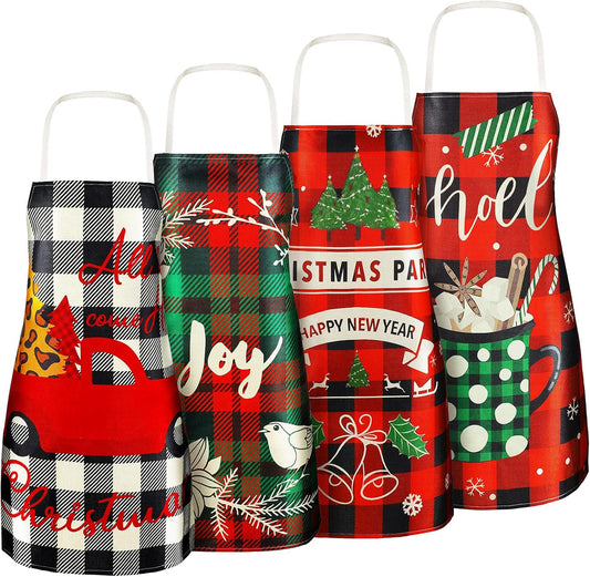 SATINIOR 4 Pcs Christmas Aprons Adjustable Kitchen Cooking Aprons Xmas Buffalo Plaid Merry Christmas BBQ Bib for Adults