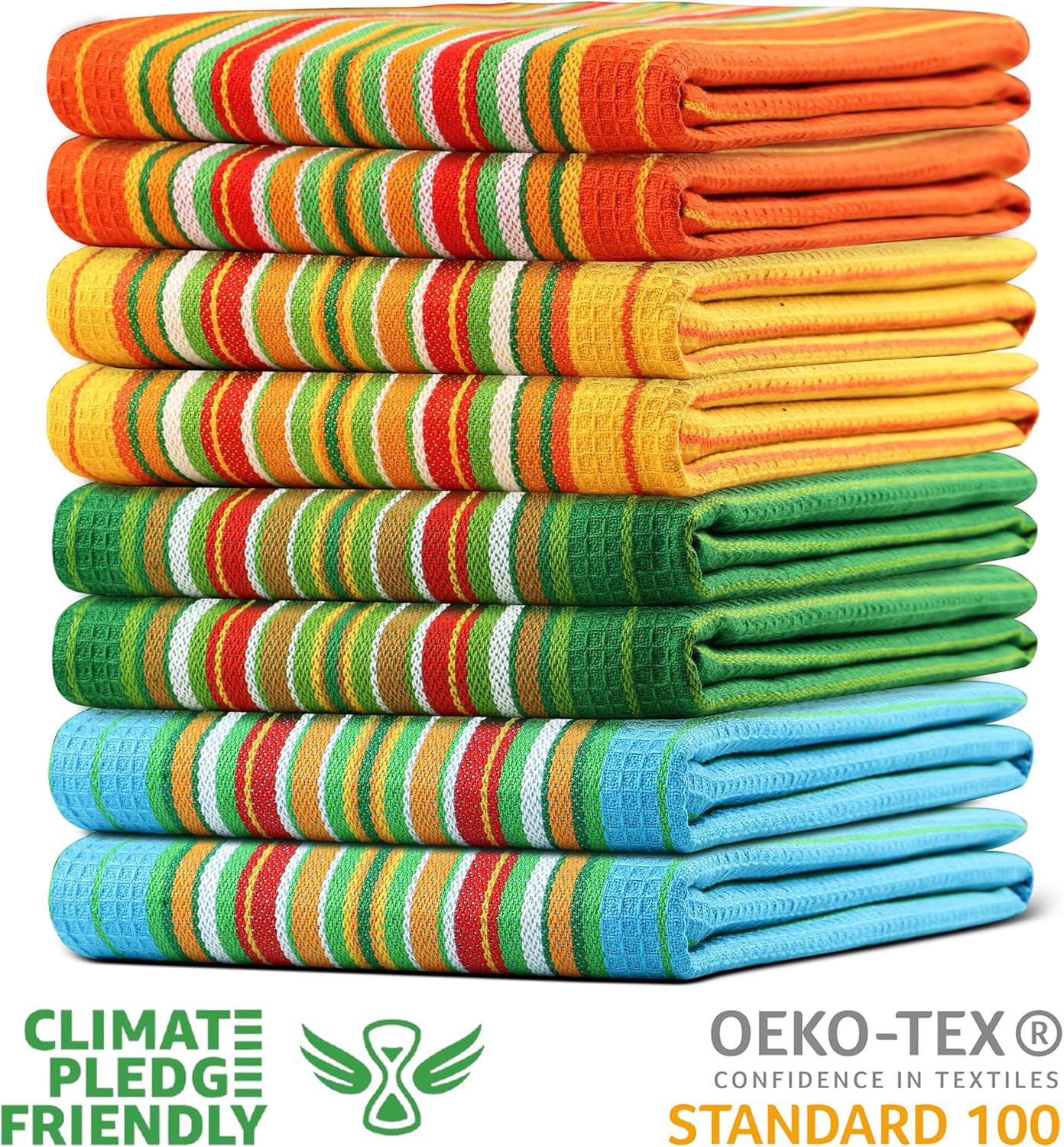 Urban Villa Salsa Stripe KitchenTowels 100% Cotton Dish Towels for Kitchen Multi Color Highly Absorbent Multi-Purpose Waffle Dish Cloths for Cleaning Soft Hand Bar Towels 20x30 Inches (Set of 8)