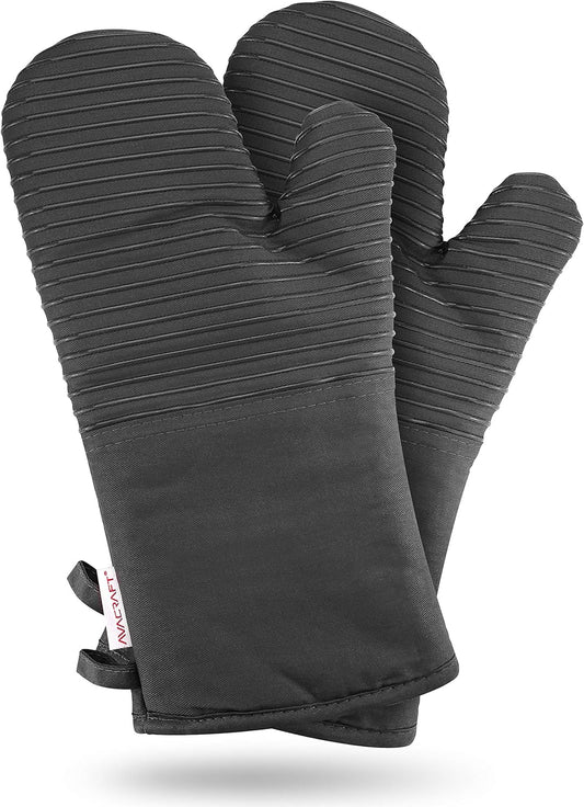 AVACRAFT Oven Mitts Pair, Flexible, 100% Cotton with Unique Heat Resistant Food Grade Silicone, Thick Terry Cloth Interior, 500 F Heat Resistant (Grey Oven Mitts)