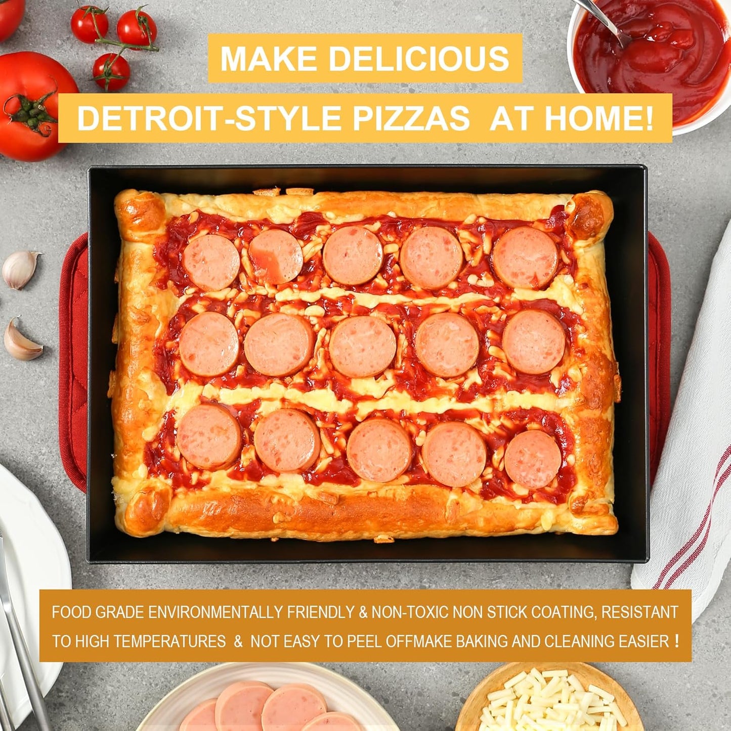 Blue Steel Detroit Pizza Pan 14x10 (Non-Stick&BPA Free) Heat-Resistant Up to 800°F, Pre-Seasoned Carbon Steel Detroit Pizza Pan, Deep Dish Pizza Authentic Steel Pan Five Years Free Replacement