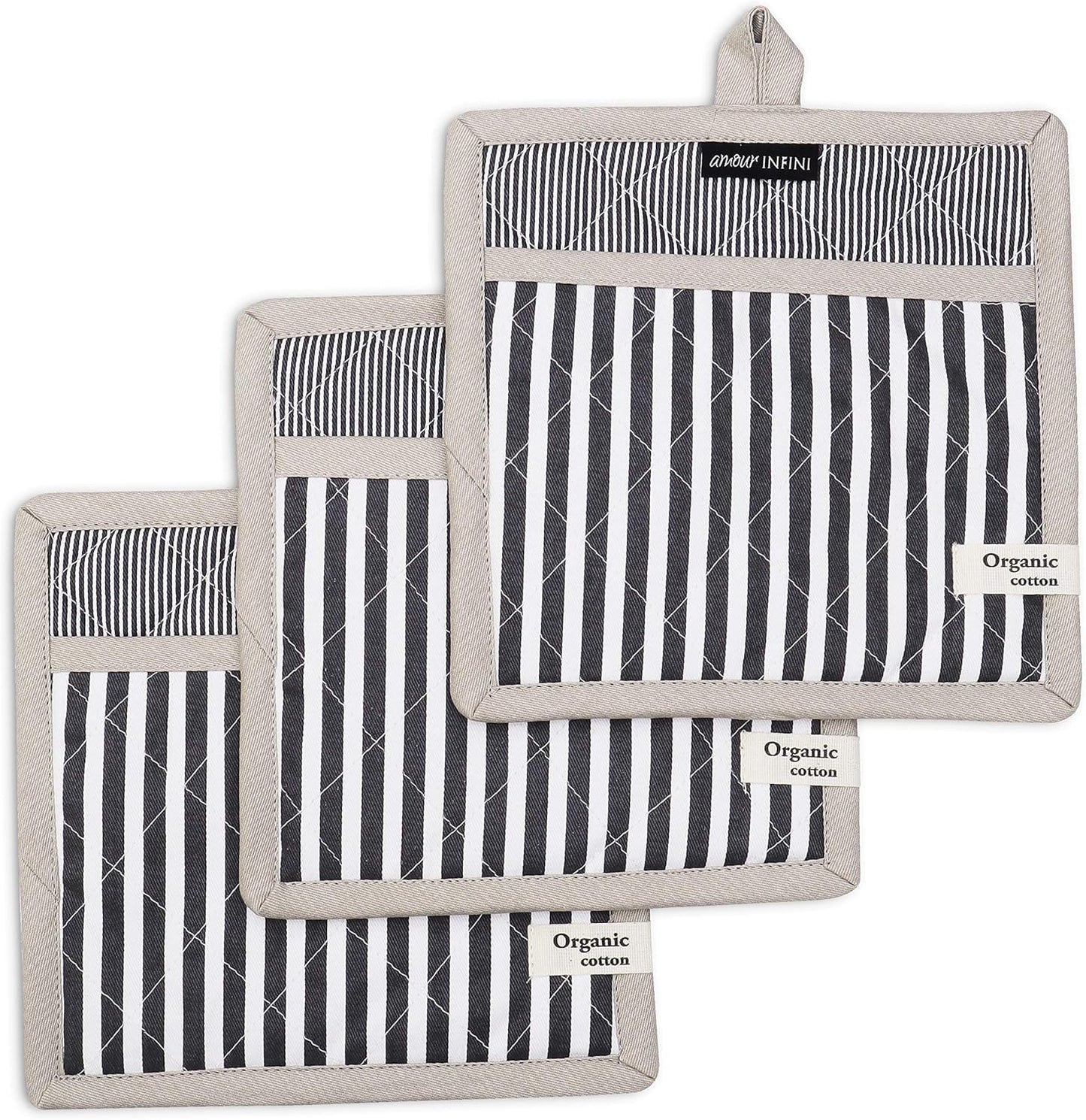 AMOUR INFINI Pot Holders Heat Resistant Cotton Set of 3 Nonslip 8"x8" Inch Hot Pads for Kitchen, BBQ, Baking & Cooking with Hanging Loops (Stripe Charcoal)