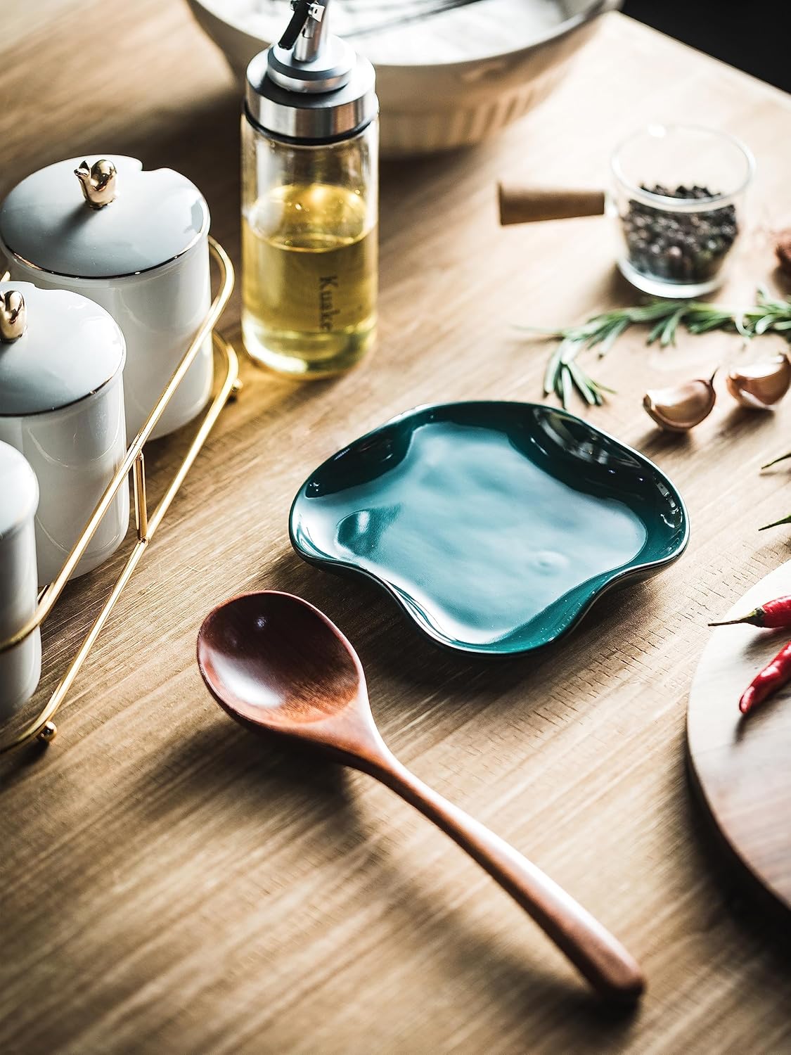 Spoon Holder, Ruffled Edge Ceramic Ladle Holder for Stove Top, Modern Kitchen Decor Stove Spoon Holder Cooking Ladle Holder for Multiple Utensils, Christmas Gifts Dark Green