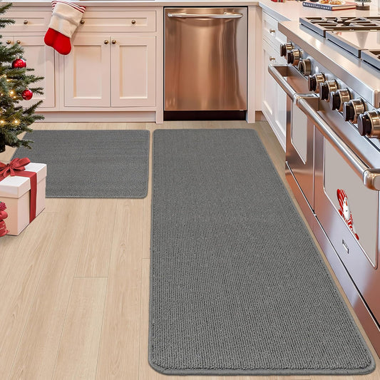 COSY HOMEER 24x35 Inch/24X60 Inch Kitchen Rug Mats Made of 100% Polypropylene Strip TPR Backing 2 Pieces Soft Kitchen Mat Specialized in Anti Slippery and Machine Washable,Grey