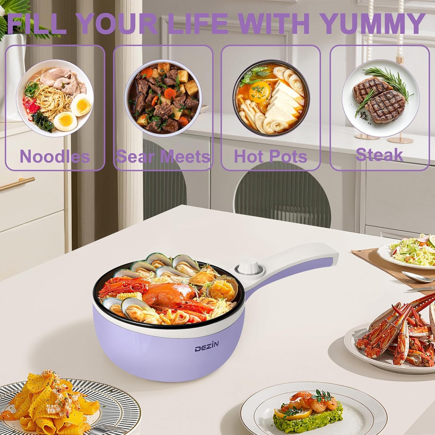 Dezin Hot Pot Electric with Steamer Upgraded, Non-Stick Sauté Pan, Rapid Noodles Electric Pot, 1.5L Mini Pot for Steak, Egg, Fried Rice, Ramen, Oatmeal, Soup with Power Adjustment