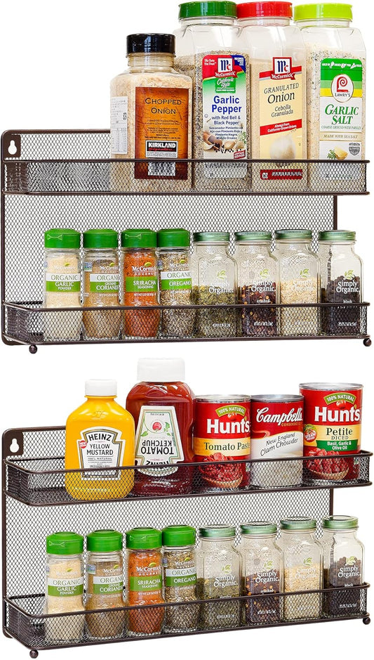 CAXXA 2 PK 2 Tier Mesh Kitchen Counter-top or Wall Mount Spice Rack Jars Storage Organizer, Bronze