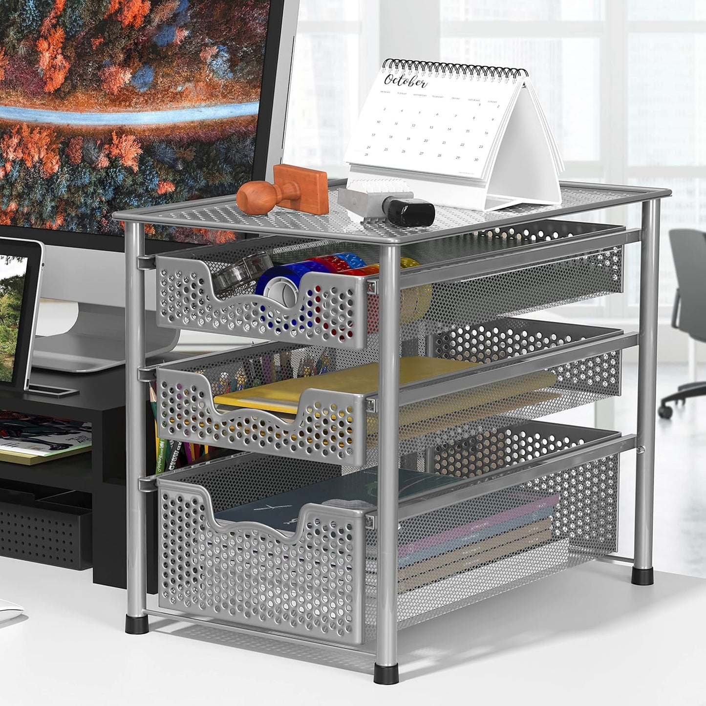 Simple Houseware Stackable 3 Tier Sliding Basket Organizer Drawer, Silver