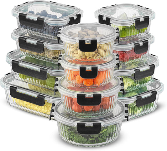 JoyJolt 24pc Borosilicate Glass Storage Containers with Lids | 12 Airtight/Freezer Safe Food Storage Containers for Pantry and Kitchen | Meal Prep Container for Lunch | Glass Tupperware Set