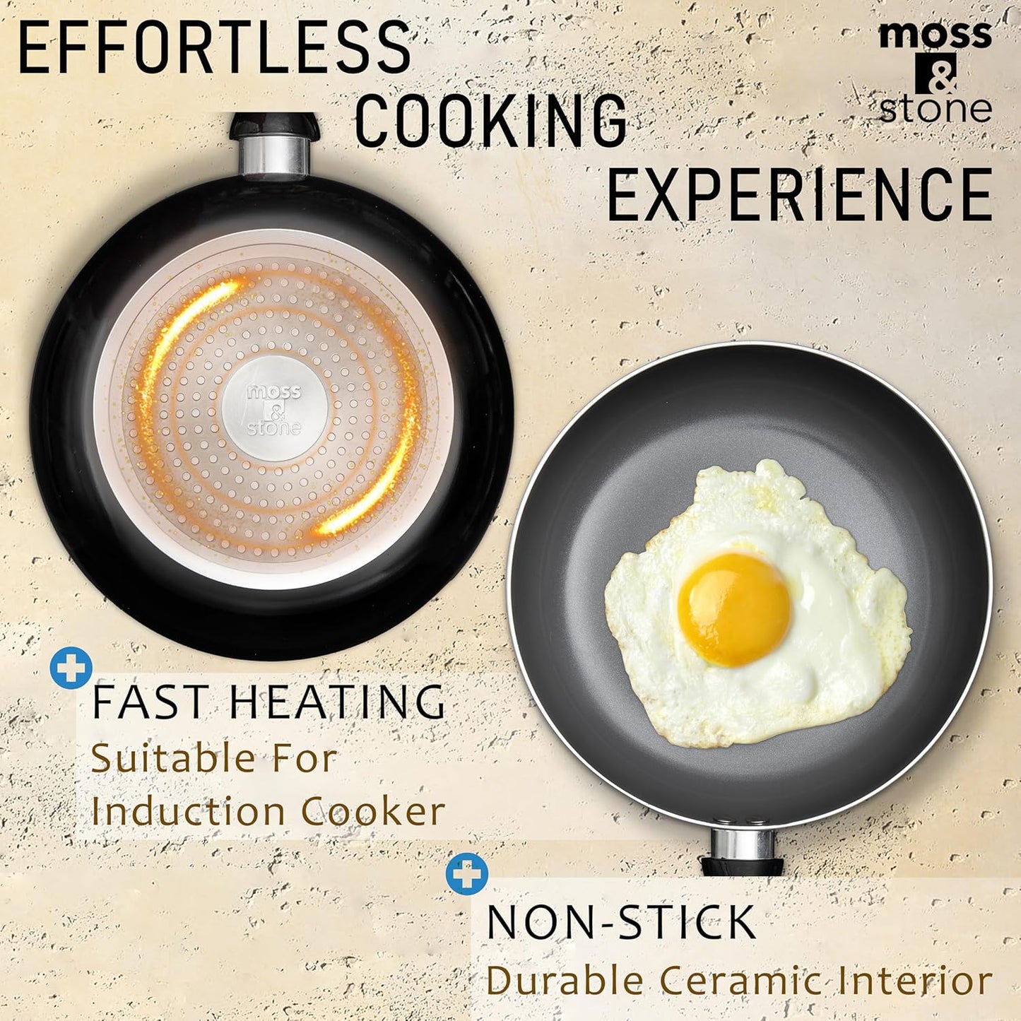 Moss & Stone 6 Pcs Black Nonstick Cookware Set, Pots And Pans Set Non stick With Glass Lid, Induction Cookware, Stay-Cool Handle PTFE/PFOA Kitchen Pots 6-Piece with Frying Pans & Saucepan