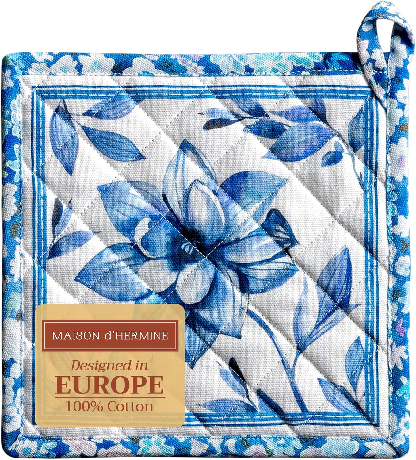 Maison d' Hermine Pot Holders 100% Cotton Heat Resistant Potholders 8" x 8" Hot Pads with Loop BBQ, Cooking, Baking, Grilling, Kitchen, Handling Hot Pans Spring/Summer (Pack of 1, Summer Blues)