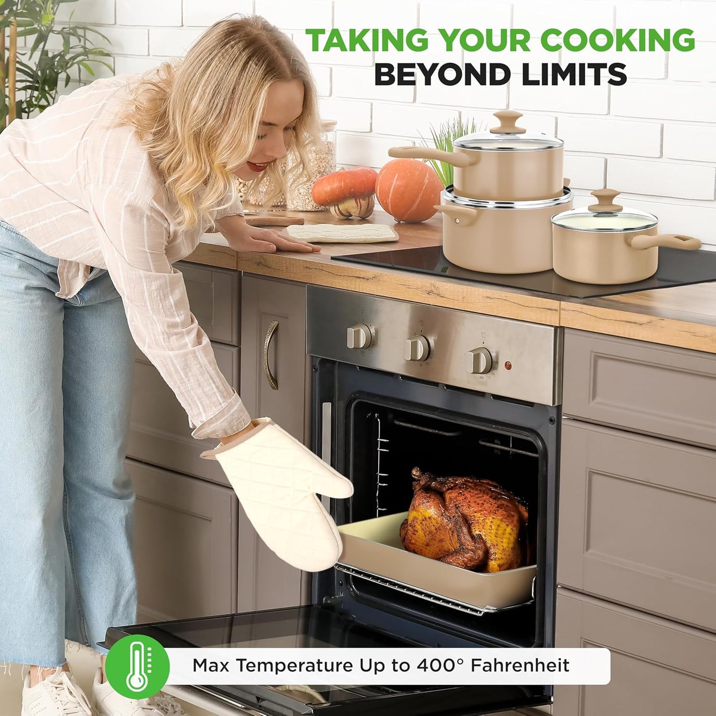 NutriChef 75-Piece Non-Stick Pots and Pans Set, Complete Ceramic Cookware Set with Bakeware, Utensils, Knife Set, & Accessories, Stain-Resistant, Food-Grade Safe, Cream/Brown