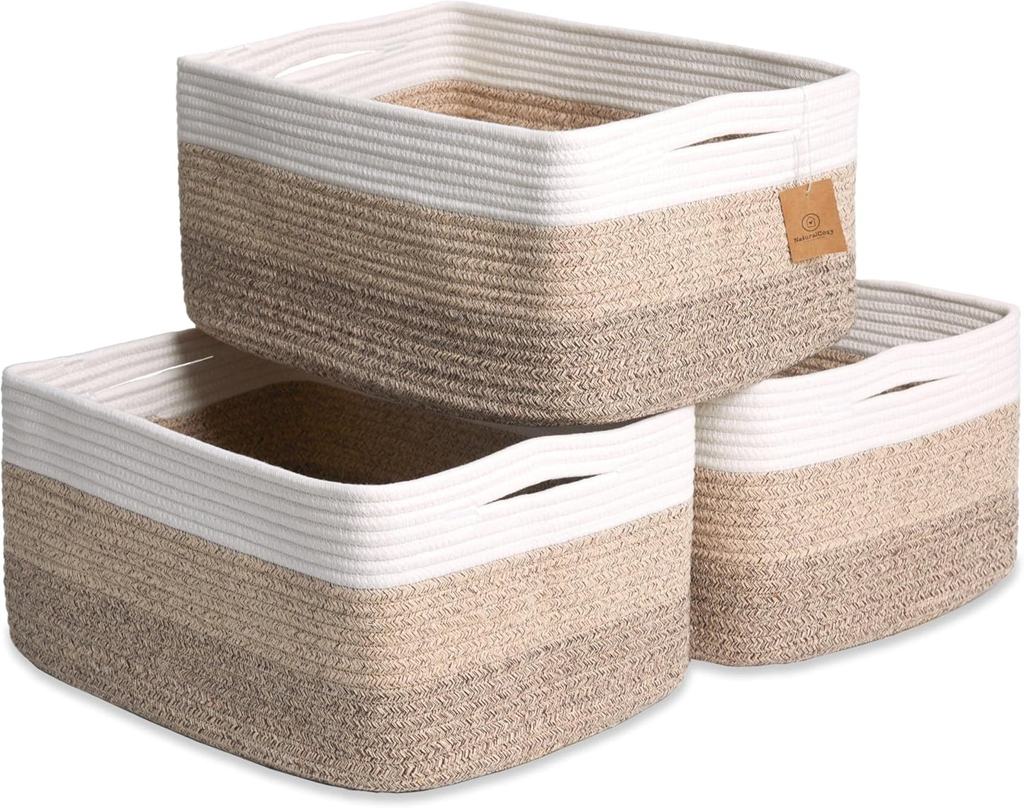 NaturalCozy Storage Baskets 16.8”x13”x7.6” Cotton Rope Woven Baskets for Organizing 3-Pack | Toy Storage Bins | Basket for Shelves, Laundry, Blanket, Clothes, Closet, Kitchen, Bathroom, Gifts
