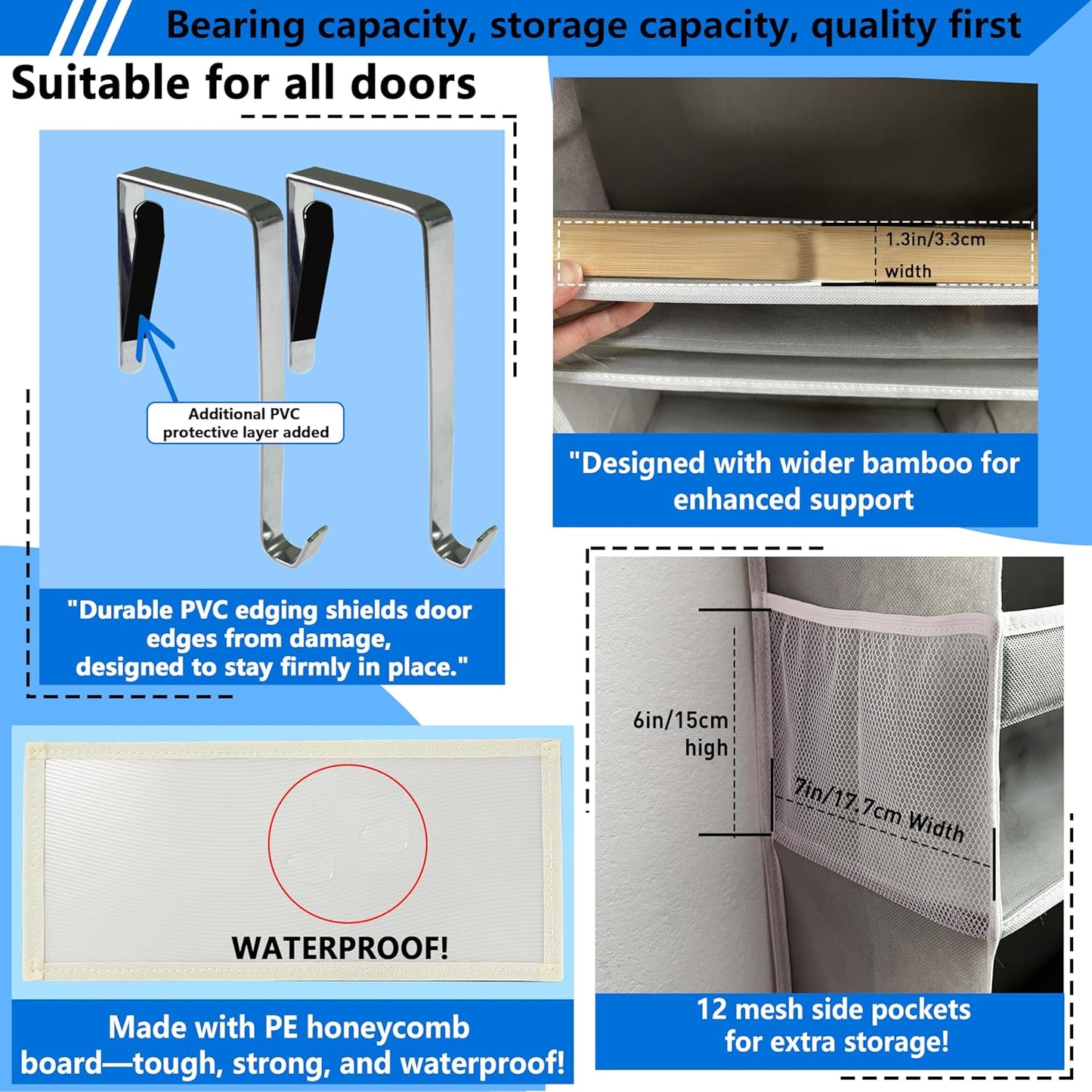 over the door organizer, Solid Bamboo Board (Not Plastic!) 6-Tier Heavy Duty 75LB, 12 Side Pockets, 3 Reinforced Hooks & Anti-Slip Pads, Waterproof & Washable, No Sagging, No Door Damage,Grey