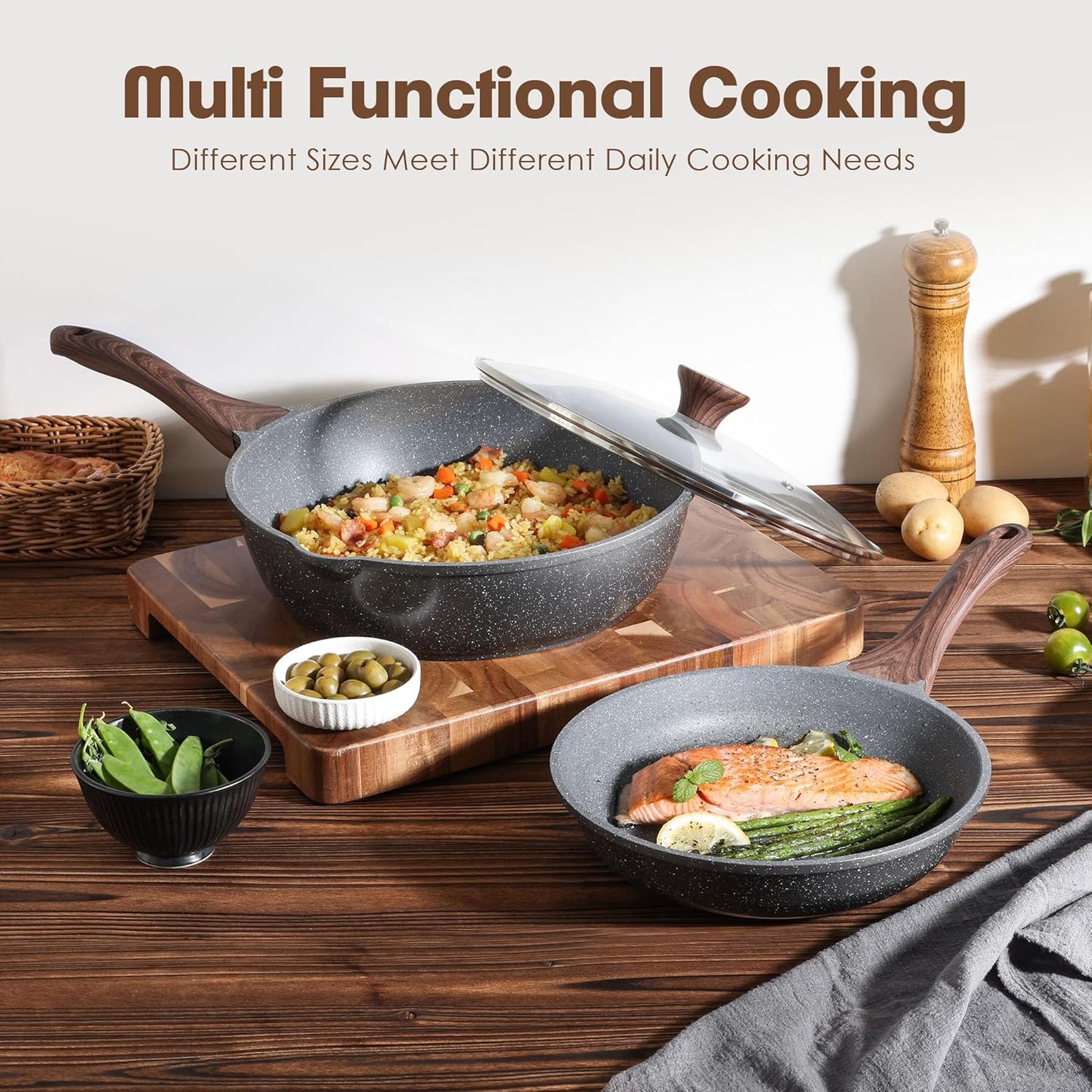 SENSARTE Nonstick Frying Pan Skillets, Swiss Granite Coating Omelette Pans, Healthy Cookware, Free of Intentionally Added PFOA (9.5 Inch Frying Pan and 5QT Saute Pan)