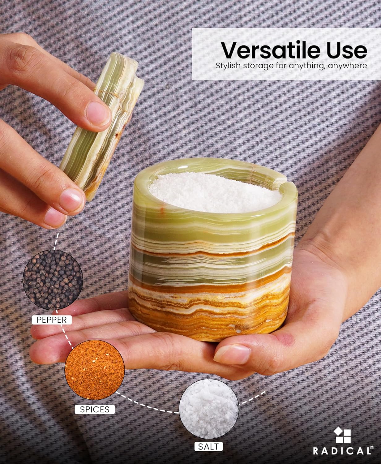 Radicaln Marble Salt Cellar With Lid and Tray 3" Inch White and Green Set of 2 Salt Container for Living Room, Ideal Salt Bowl For Kitchen countertop