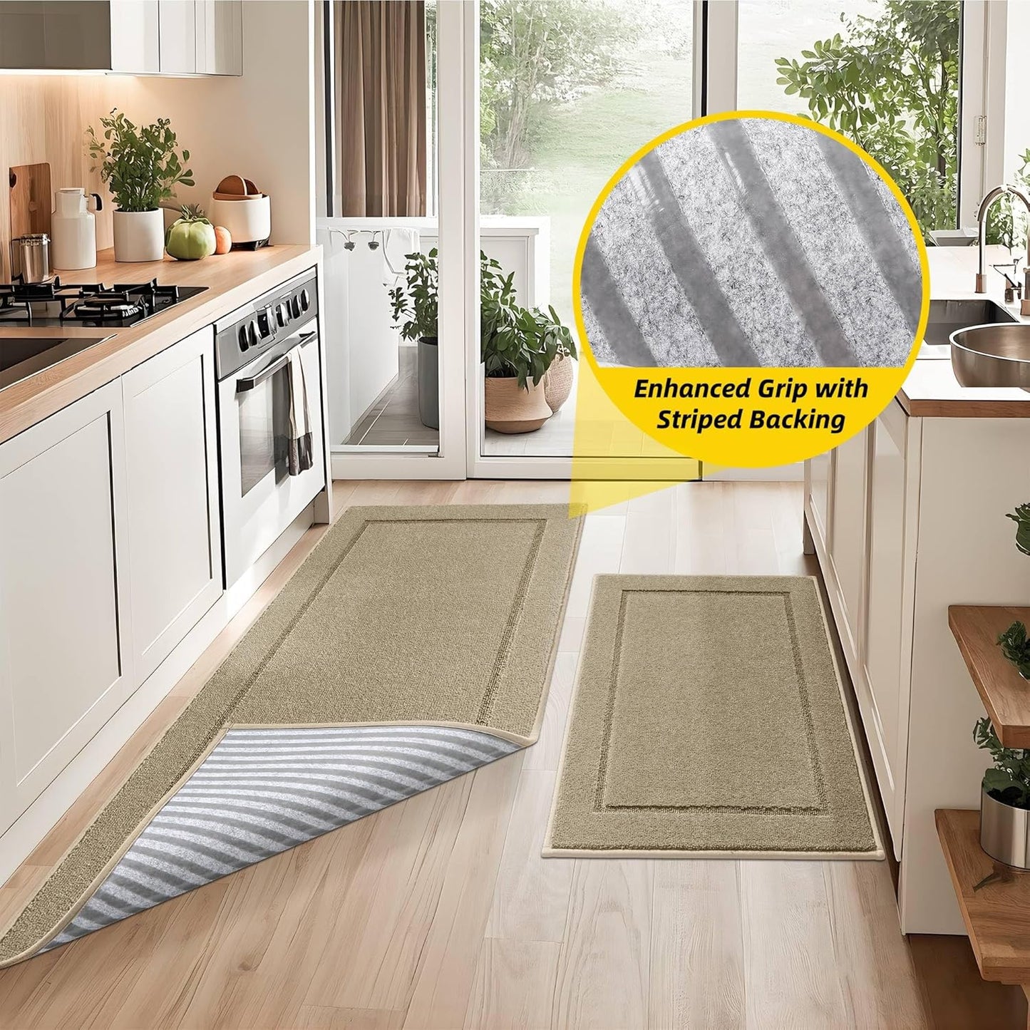 JSEI Non-Slip Kitchen Mats, Self Adhesive No Sliding Kitchen Rugs Set of 2, Washable Absorbent Floor Mat for Kitchen, Bathroom, Laundry Room, Bedroom, 24”x36”+24”x60”, Beige, Rectangular Pattern