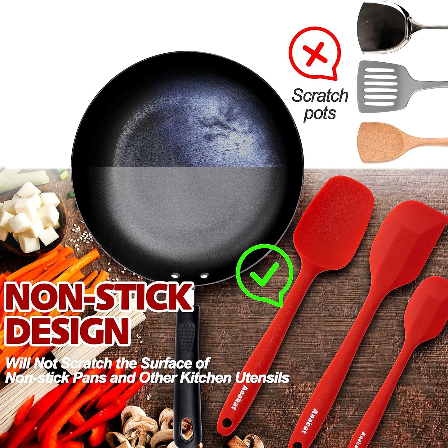 Anaeat Silicone Spatula Set of 5 - Seamless One-Pieces Design, Non-Stick Rubber Spatulas BPA Free Kitchen Scraper Flexible for Easy Baking, Cooking, Scraping & Mixing, Heat Resistant & Dishwasher Safe