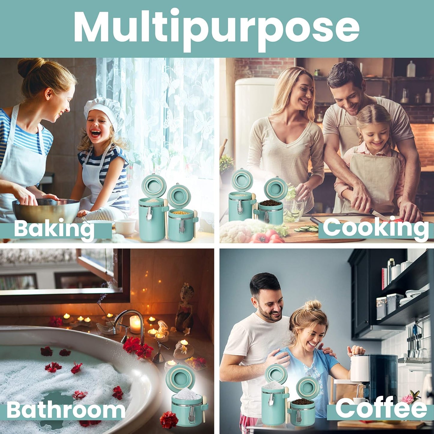 Home Intuition 4-Piece Ceramic Kitchen Canisters Set, Airtight Containers with Wooden Spoons Reusable Chalk Labels and Marker for Sugar, Coffee, Flour, Tea (Turquoise)