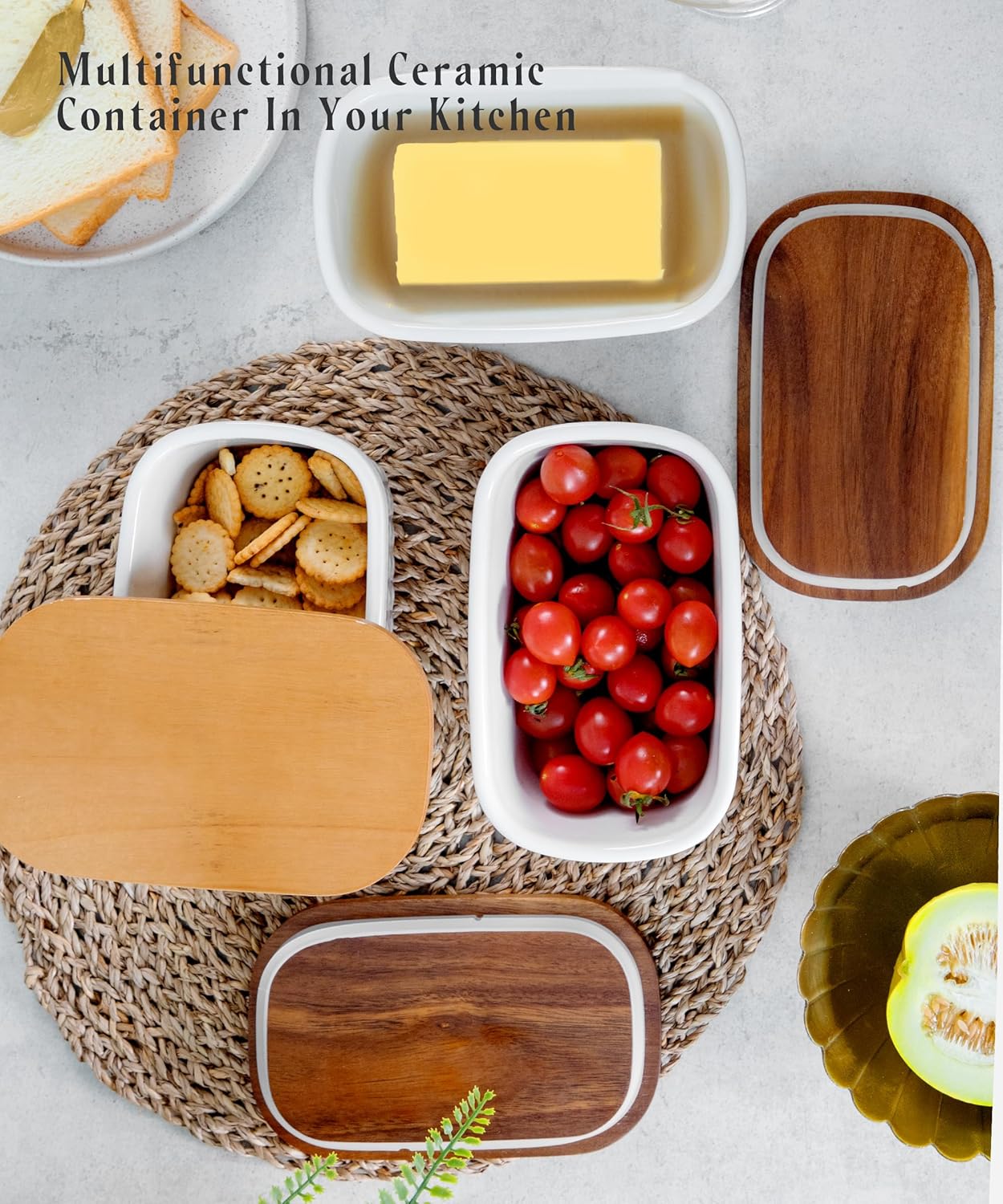 Nucookery Ceramic Butter Dish, Embossed Butter Keeper with Wood Lid for Countertop, Butter Holder and Container with Double Silicone Seal (Cross Pattern)