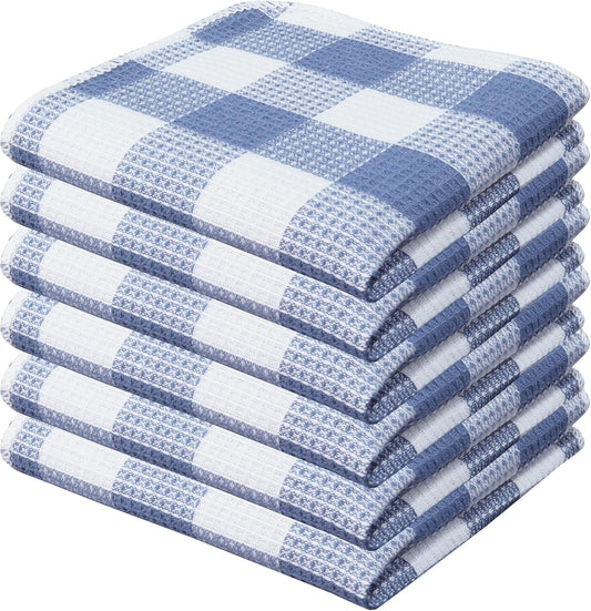Waffle Weave Plaid Dish Cloths, 100% Cotton - 12 x 12 Inches, Ultra Soft Absorbent Quick Drying Dish Towels Buffalo Check Dish Rags for Kitchen, 6 Pack - Spring Summer - Smoky Grey and White