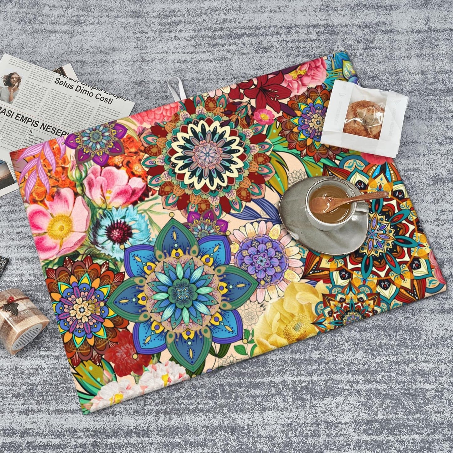 Colorful Flowers Dish Drying Mat for Kitchen Counter Absorbent Reversible Boho Floral Drying Pad Kitchen Decor Dish Drainer Rack Mats 18"x24"