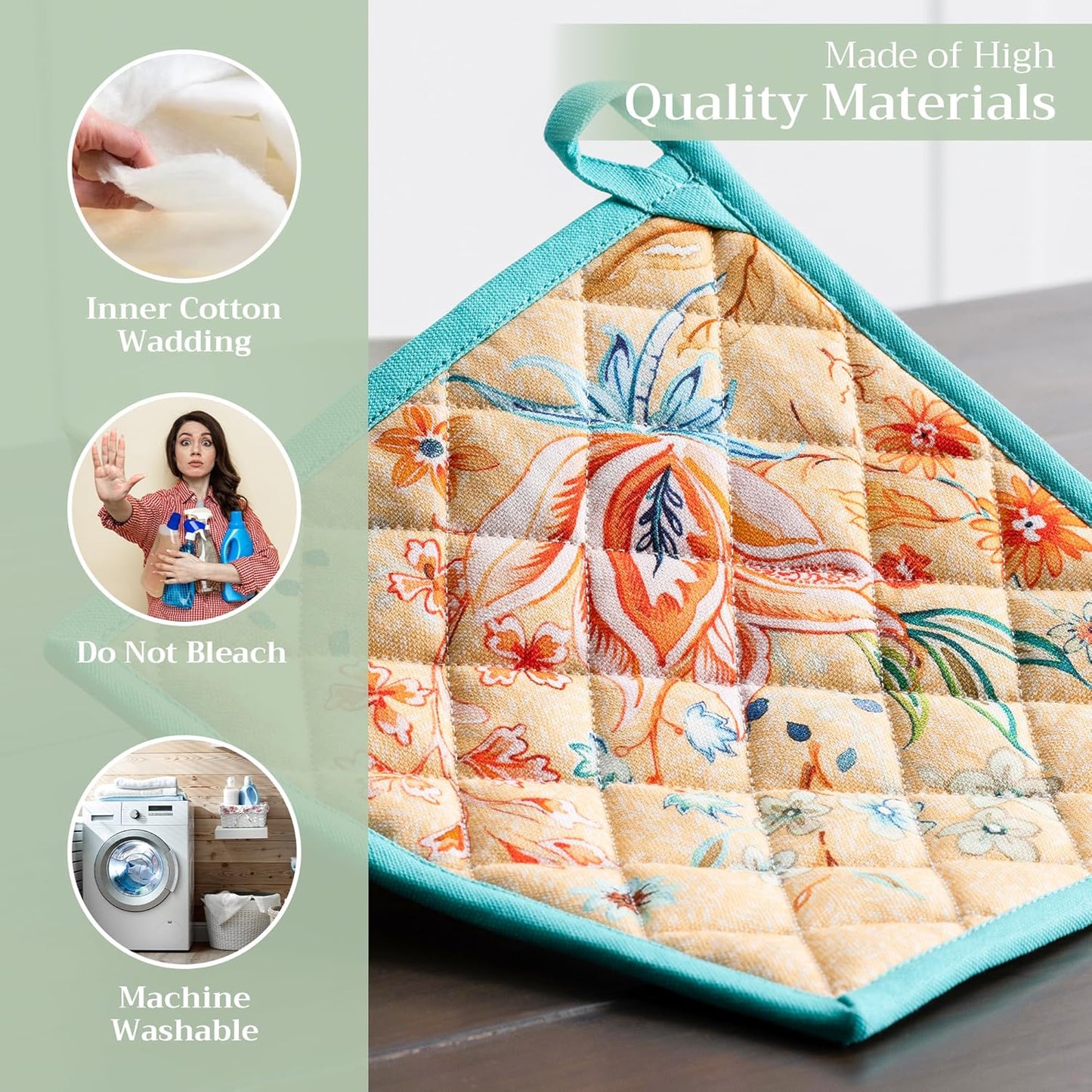 Maison d' Hermine Pot Holders 100% Cotton Heat Resistant Potholders 8" x 8" Hot Pads with Loop BBQ, Cooking, Baking, Grilling, Kitchen, Handling Hot Pans Spring/Summer (Pack of 1, Luxury Loft – Peach)