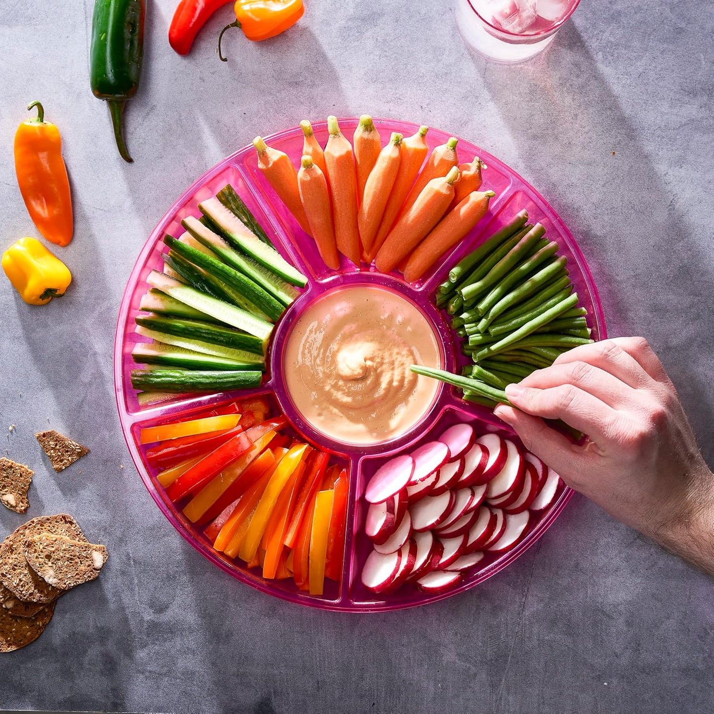 Plasticpro 6 Sectional Round Plastic Serving Tray/Platters Pink Pack of 4