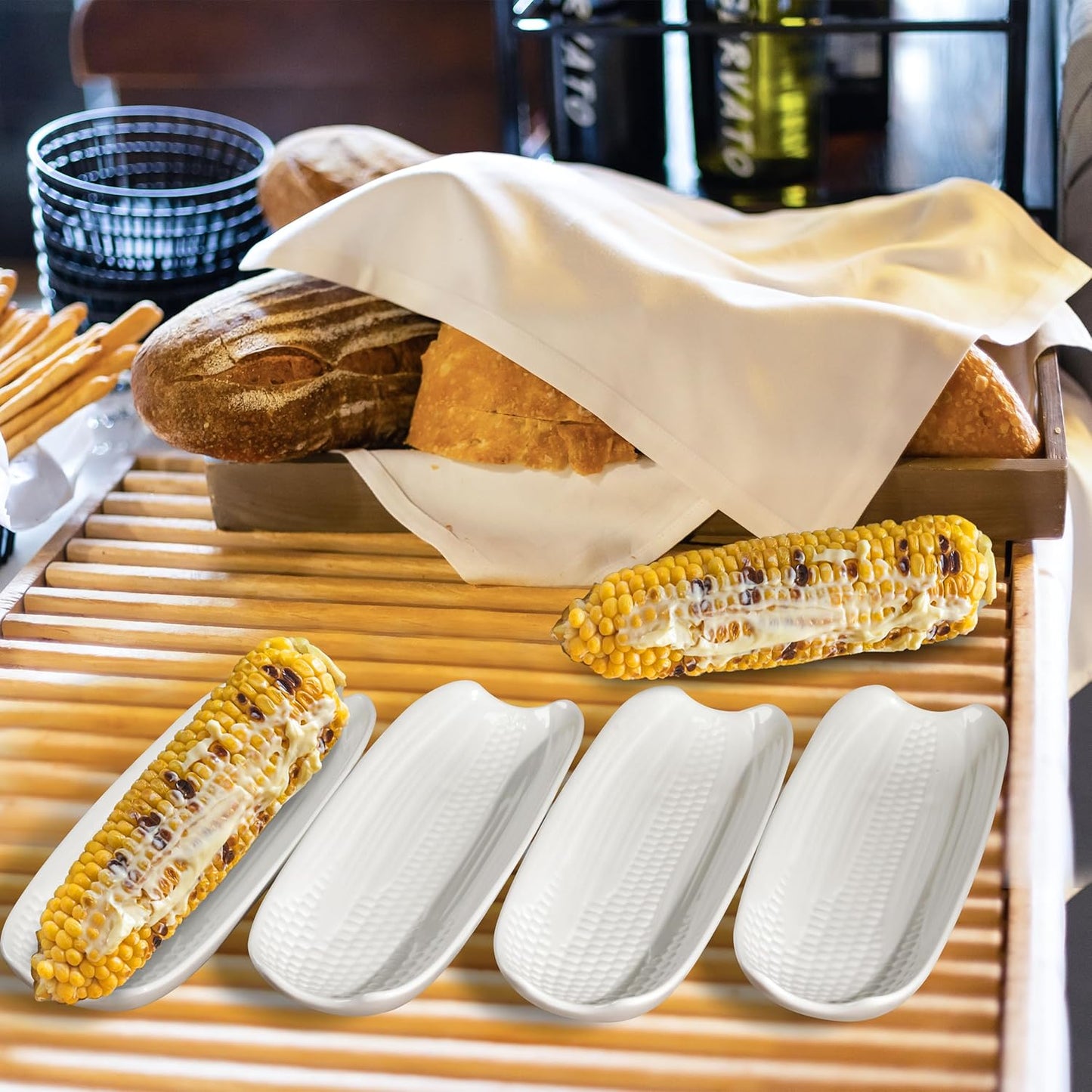 Cinf Ceramic Corn Cob Holders 8.8" Corn Dishes Set of 4, White Dishes Non-slip Bottom Microwave Dishwasher Oven Safe