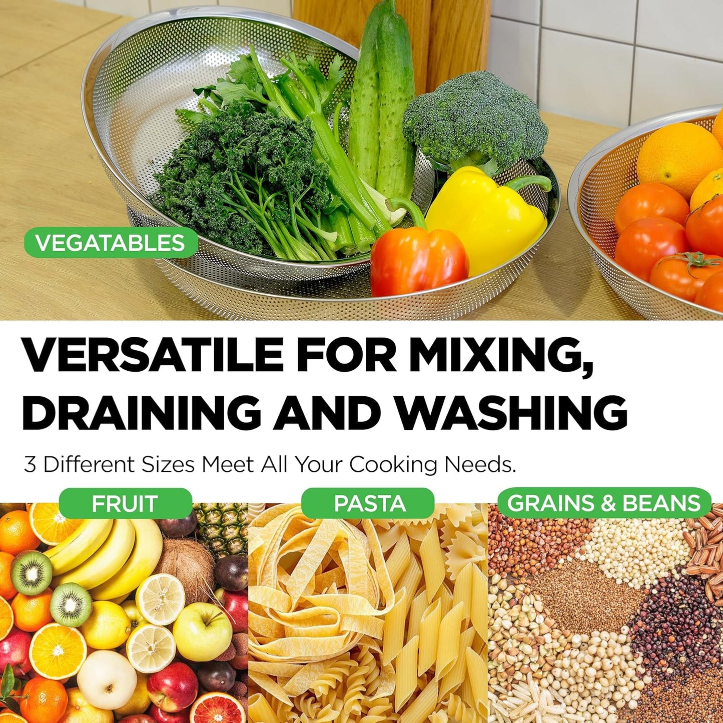 Premium 18/8 304 Stainless Steel Large Colander Set of 3, Comfortable Micro-Perforated Shallow Strainers, 5.5-7-10 Quart Tray Set, Self-Draining Solid Base for Pasta, Fruits, Vegetables