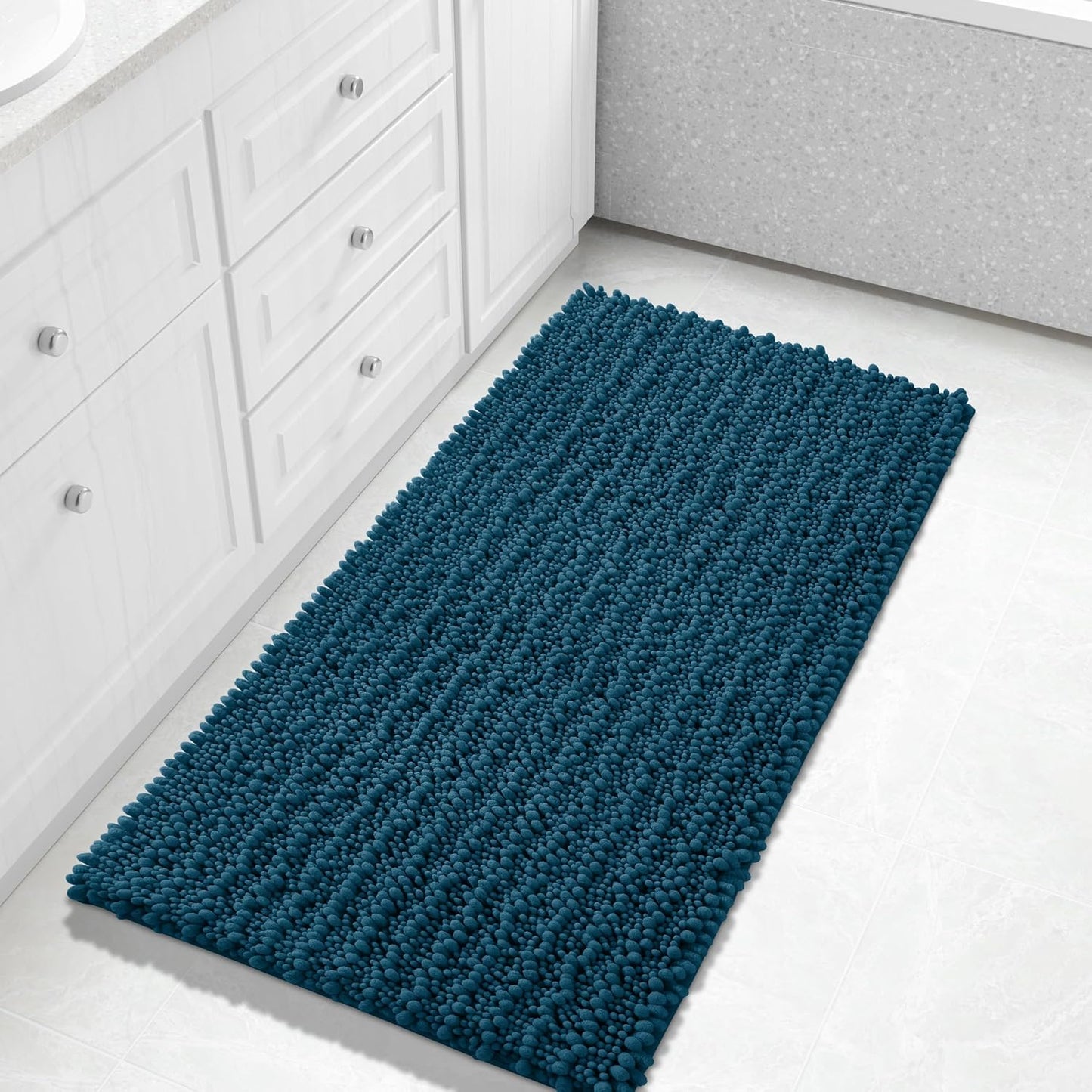 Yimobra Long Bathroom Rugs Non Slip Washable 44x24 Inch - Ultra Soft Absorbent Chenille Bath Mat, Quick Dry Shaggy Floor Carpet for Tub Shower, Peacock Blue Home Decor Accessories