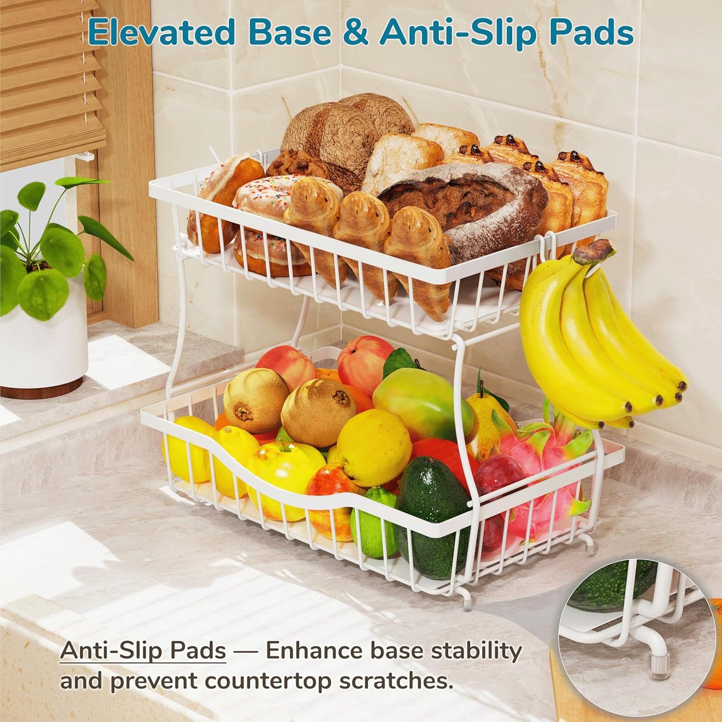 Large 2-Tier Fruit Basket for Kitchen Counter with 2 Banana Hangers – Metal Fruit Bowl for Onion, Vegetable, Snacks, Breads Storage – Countertop Organizer – White