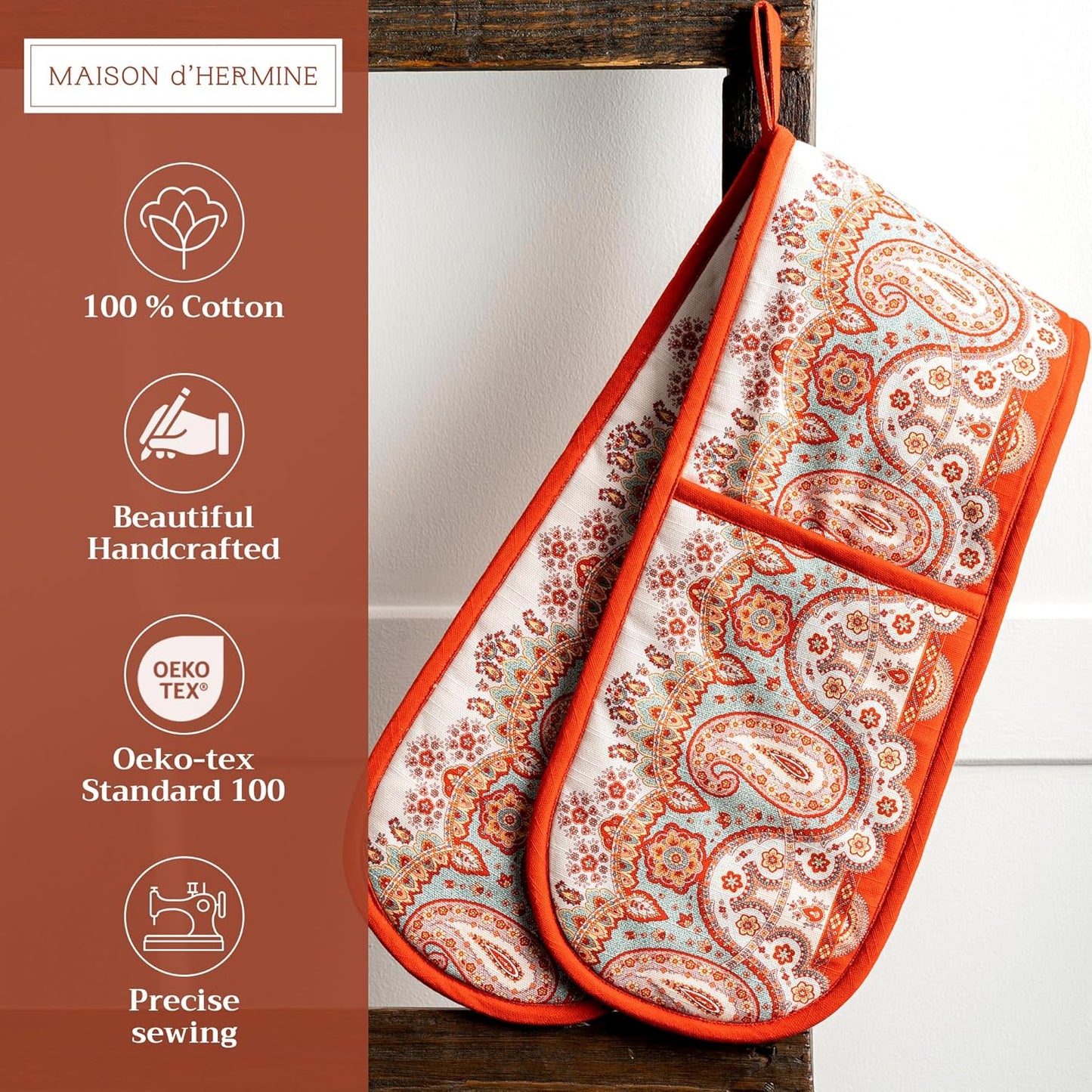 Maison d' Hermine Double Oven Mitts 100% Cotton 7"x35" Double Oven Mitt Heat Resistant BBQ Cooking Gloves with Loop, Baking, Grilling, Home, Kitchen, Handling Hot Pans (Cachemire)