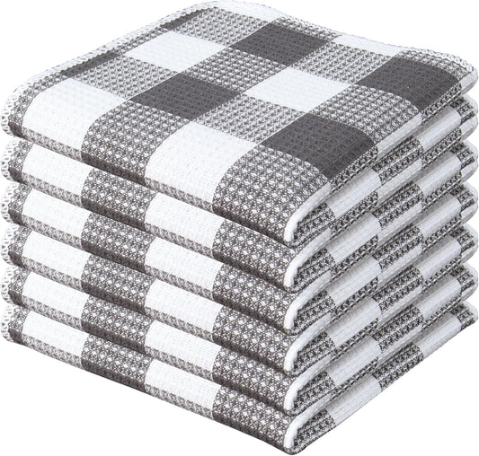 Waffle Weave Plaid Dish Cloths, 100% Cotton - 12 x 12 Inches, Ultra Soft Absorbent Quick Drying Dish Towels Buffalo Check Dish Rags for Kitchen, 6 Pack - Spring Summer - Steel Grey and White