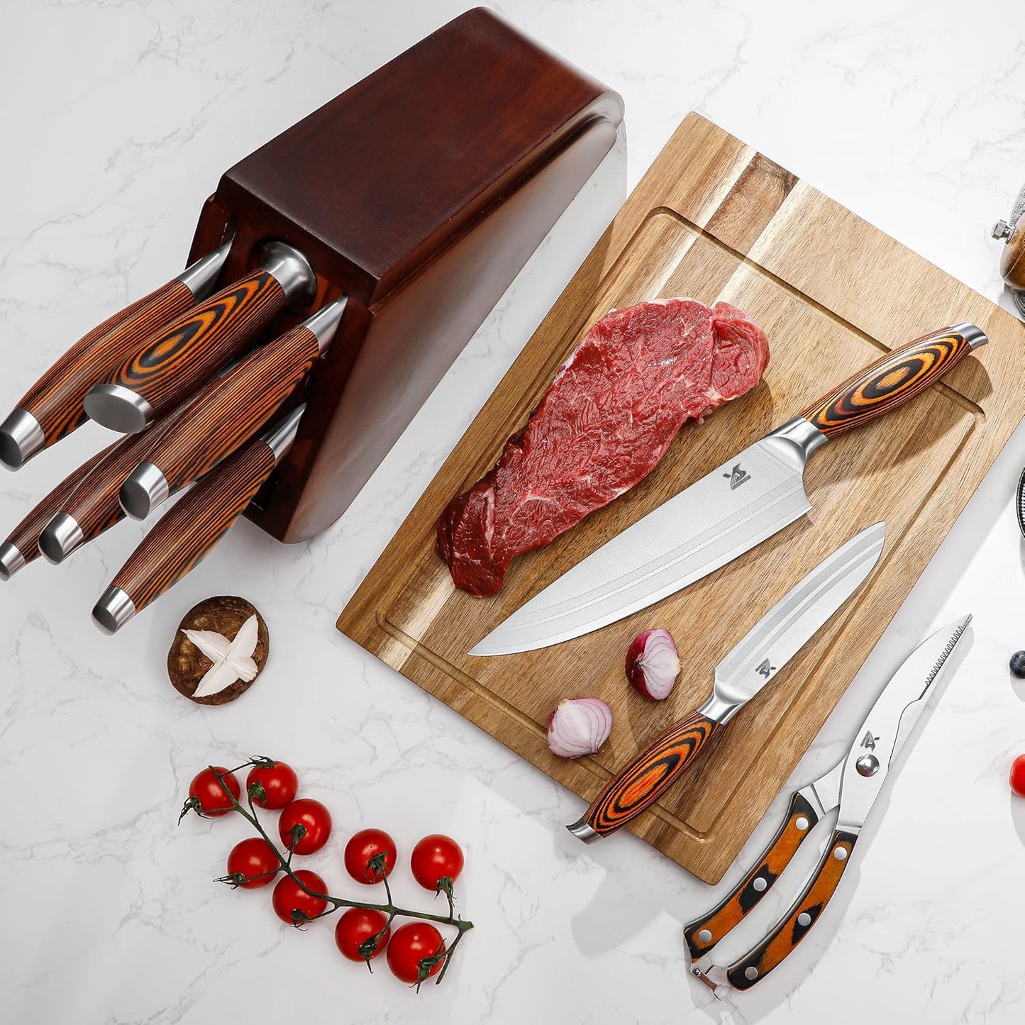 MSY BIGSUNNY 9pcs Knife Block Set, German Steel Kitchen Knife Set with Bone Chopper, Precious Pakkawood Handle for Chef Knife Block Set