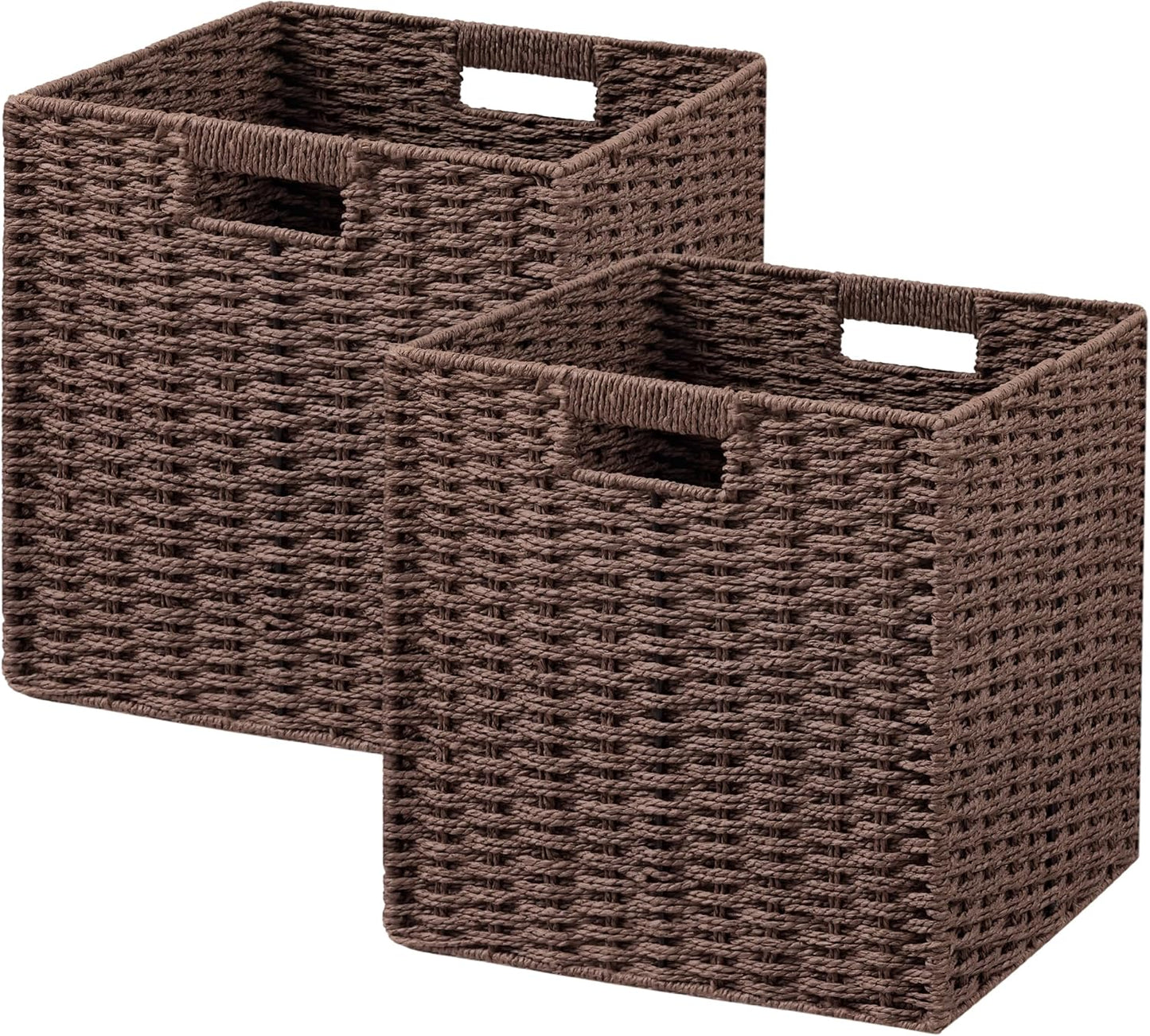 UBBCARE 2 Pack Wicker Basket, 11L×11H×10.5W inch Woven Paper Rope Storage Baskets for shelves, Foldable Cube Storage bin with Handle, Storage Basket for Organizing & Decor, Brown