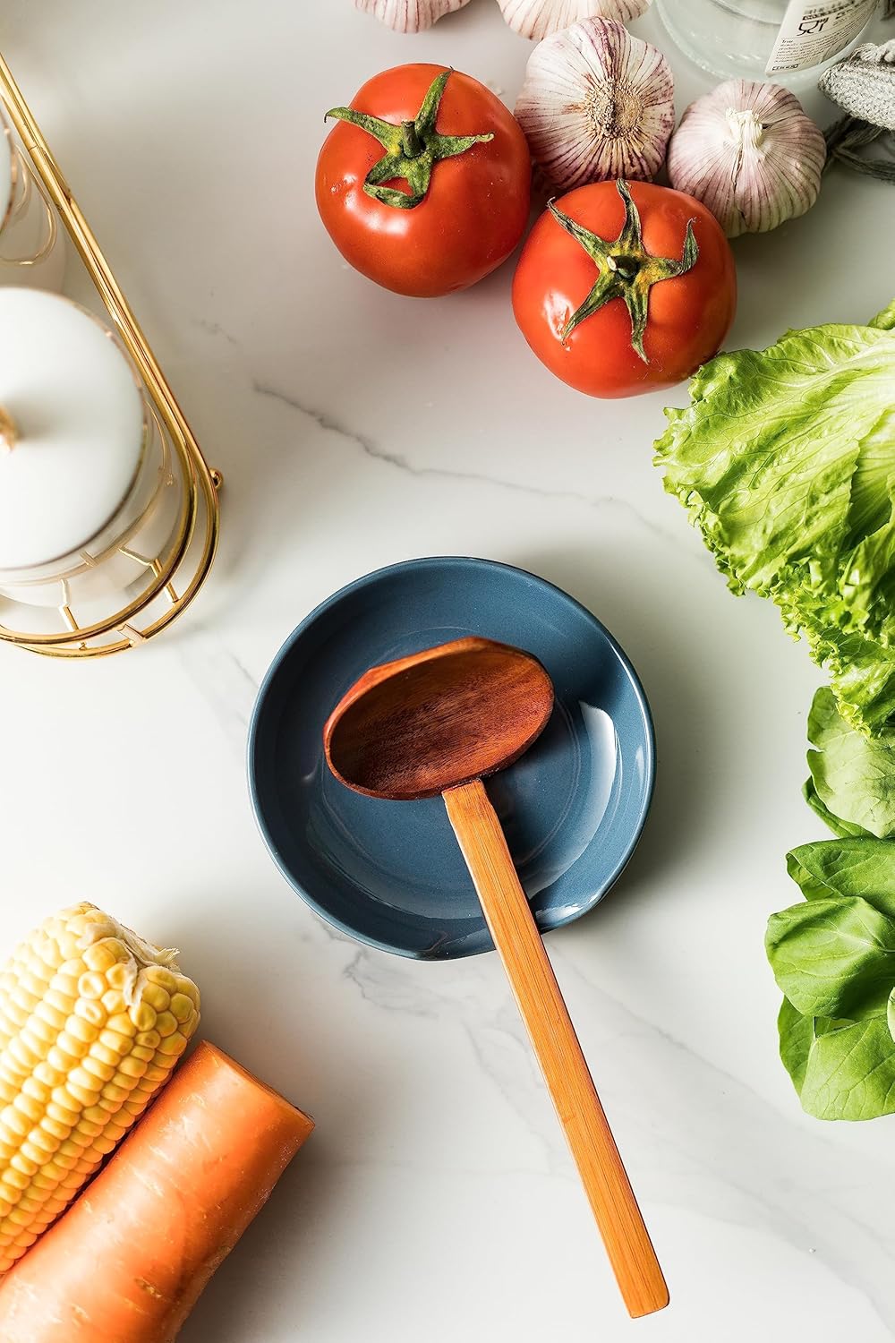 Ceramic Spoon Rest for Stove Top, 5" Stove Spoon Holder for Kitchen Counter, Farmhouse Utensil Rest Tray for Spatula, Ladles Tongs, Vintage Blue