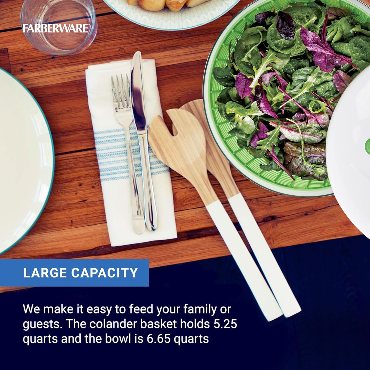 Farberware Easy to use pro Pump Spinner with Bowl, Colander and Built in draining System for Fresh, Crisp, Clean Salad and Produce, 6.6 quart, Green