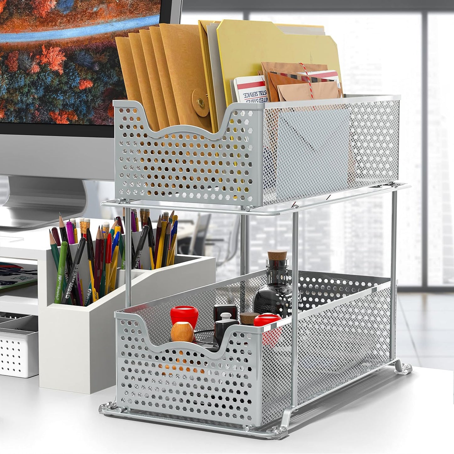 Simple Houseware 2 Tier Sliding Cabinet Basket Organizer Drawer, Silver