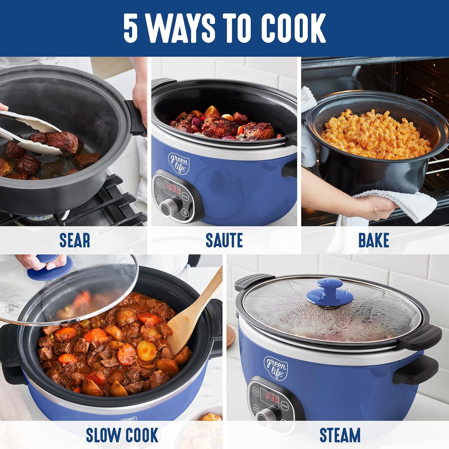 GreenLife 6QT Slow Cooker, Non-Toxic PFAS-Free Ceramic Nonstick Removable Interior Bowl, Programmable, Family Friendly, Keep Warm, Stovetop & Oven Safe, Dishwasher Safe Parts, Timer, Glass Lid, Blue