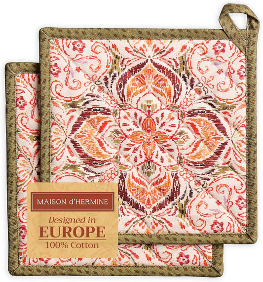 Maison d' Hermine Pot Holders Set 100% Cotton Heat Resistant Potholders 8" x 8" Hot Pads with Loop BBQ, Cooking, Baking, Grilling, Kitchen, Handling Hot Pans (Pack of 2, Damask)