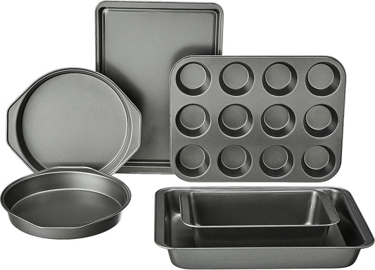 Amazon Basics 6 Piece Nonstick, Carbon Steel Oven Safe Bakeware Set with Cake, Muffin, Cookie, and Loaf Pans, 6 Piece, 16.25 x 11.75 x 6.25 inches