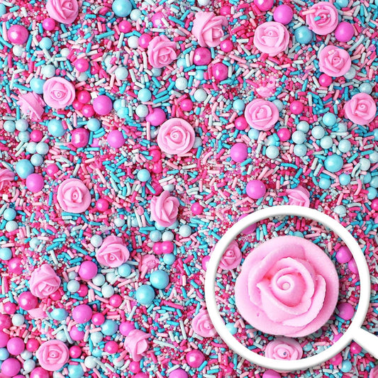 Sprinkle Pop Briar Rose Princess Sprinkle Mix| Pink and Blue Sprinkles with ~6 Hand Piped Royal Icing Roses| Birthday Sprinkles Made in USA for Decorating Cake Cupcakes Donuts Cookies Ice Cream, 2oz