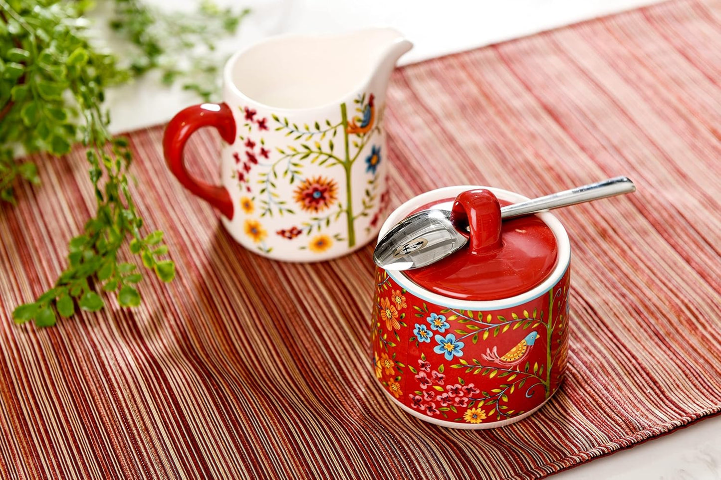 Bico Red Spring Bird Ceramic Sugar and Creamer Set, Sugar Bowl with Lid, Cute Container for Coffee Bar, Kitchen Countertop Accessories, Microwave and Dishwasher Safe