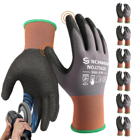 Schwer 6 Pairs Safety Work Gloves with Sandy Nitrile Coating LT5626, Max Abrasion Resistance Heavy Duty Gloves with Grip for Men and Women, Ideal for General Use, Mechanic, Construction, Gardening, M