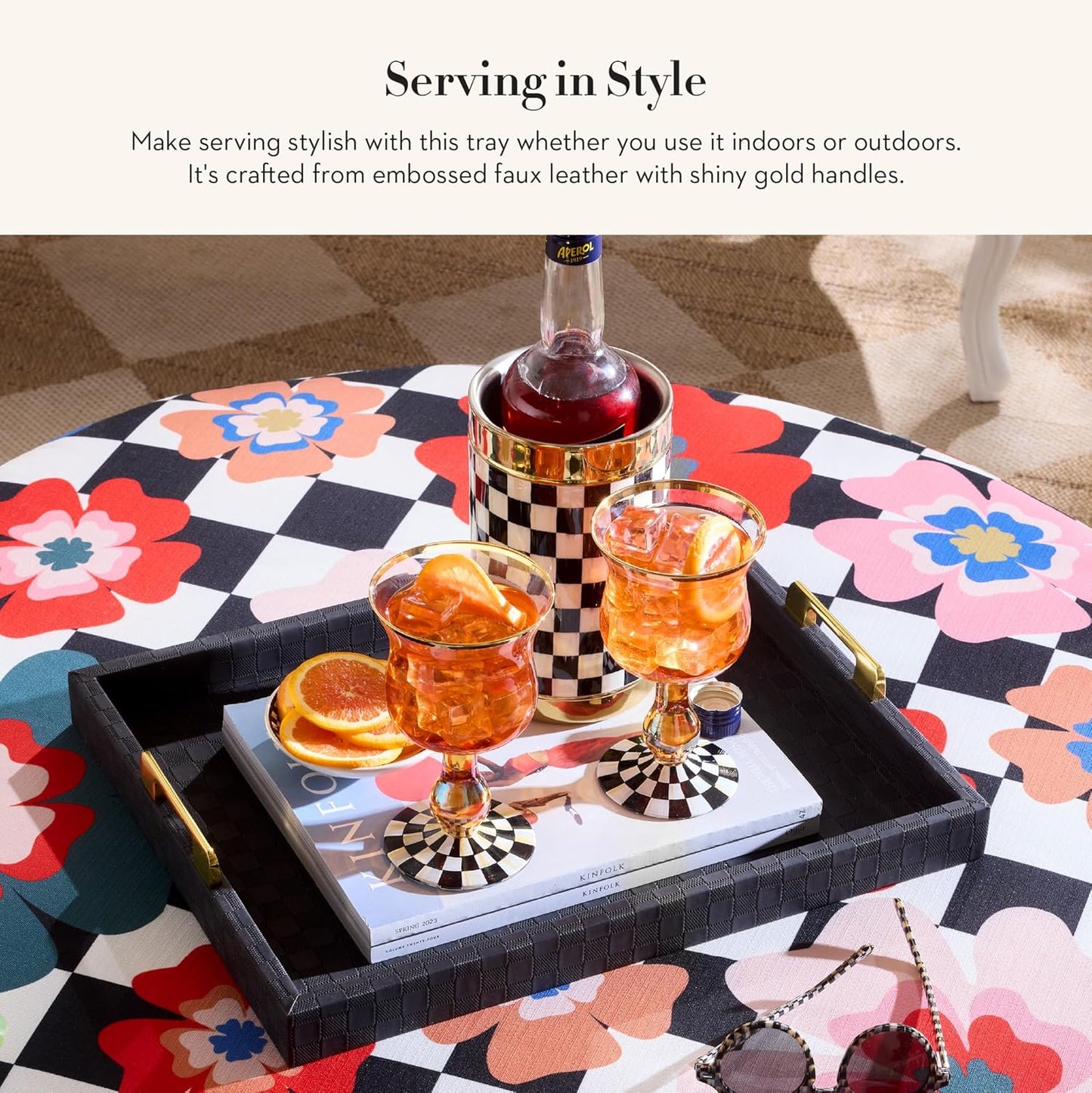 MACKENZIE-CHILDS Black Faux-Leather Tray with Handles, Rectangular Tray for Serving, Large